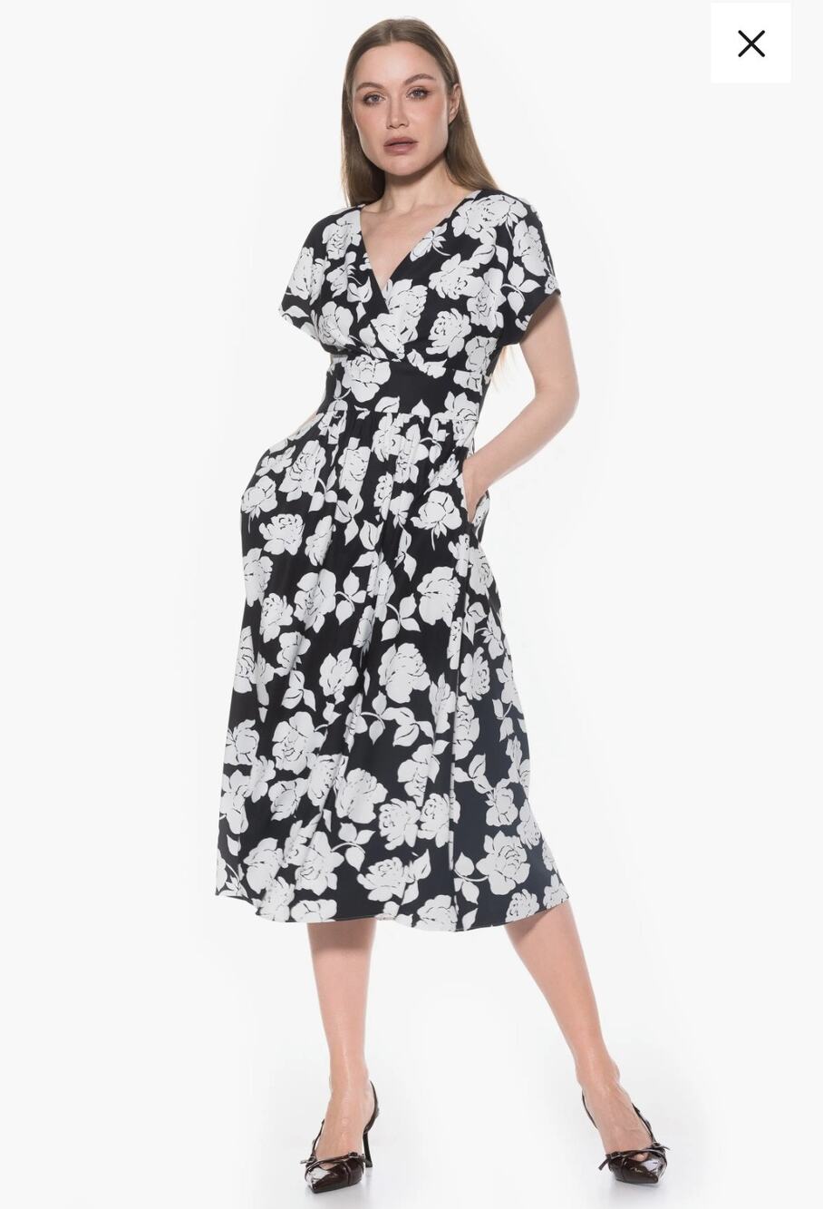 Alexia Admor Black White Floral Midi Dress Size 10 Garden Party Fall Dress